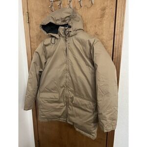 Lands End Mens M 38 40 Coat Tan Down Parka Jacket Cotton Nylon Insulation Spots